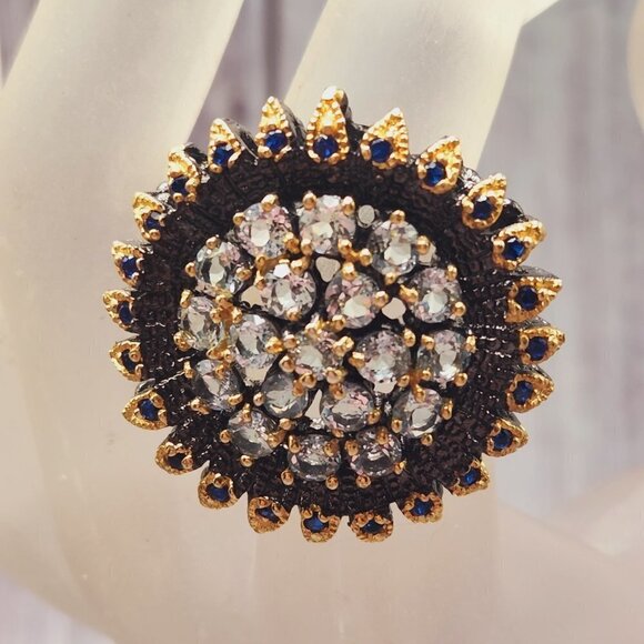 Blue Topaz Encrusted Sunflower Floral Statement 925 Silver Multi Ring Sz. 6.5 - Picture 5 of 9